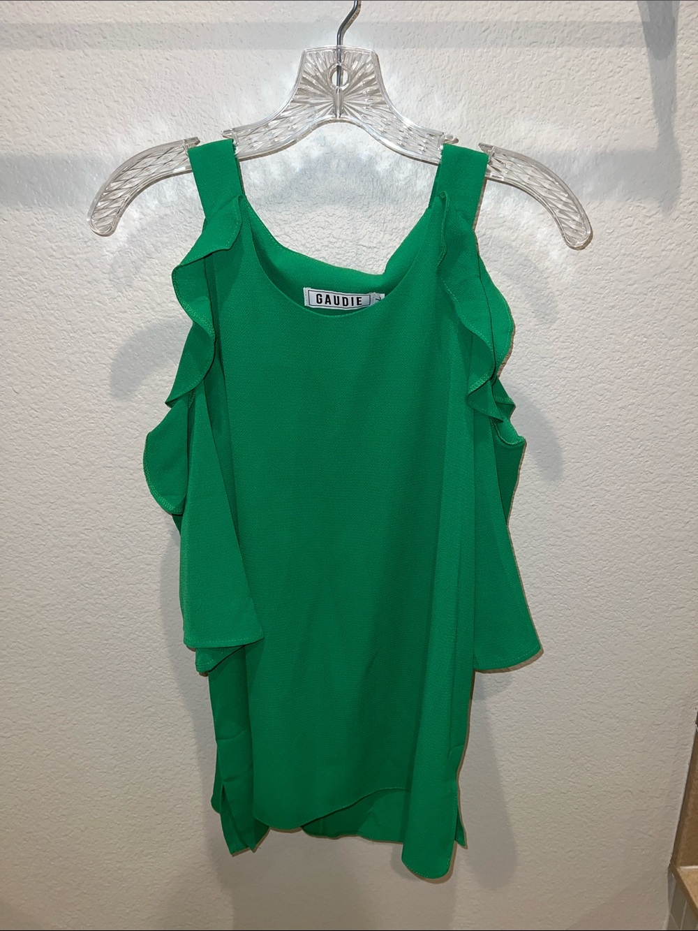 Gaudi' Green Ruffle Shoulder Open Shoulder Sleeves Blouse